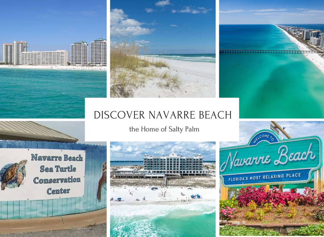 Collage showcasing Navarre Beach's skyline, sandy shores, pier, sea turtle conservation center, beachfront resort, and welcome sign.