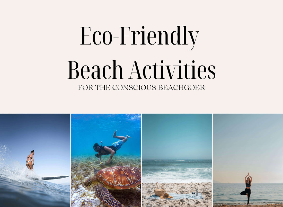 Eco-friendly beach activities for the conscious beachgoer, showcasing surfing, snorkeling, beach yoga, and nature appreciation.