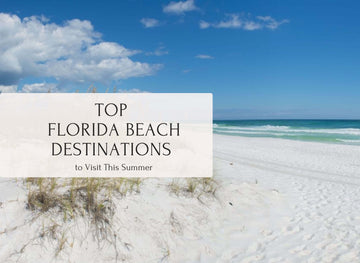 White sandy beach under blue skies, with text "Top Florida Beach Destinations to Visit This Summer" overlaying the image.