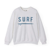 Surf Ash Grey Crewneck Sweatshirt with "SURF" graphic, perfect for surfers and beachgoers, made of cotton-poly blend, front view.