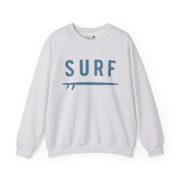 Surf Ash Grey Crewneck Sweatshirt with "SURF" graphic, perfect for surfers and beachgoers, made of cotton-poly blend, front view.