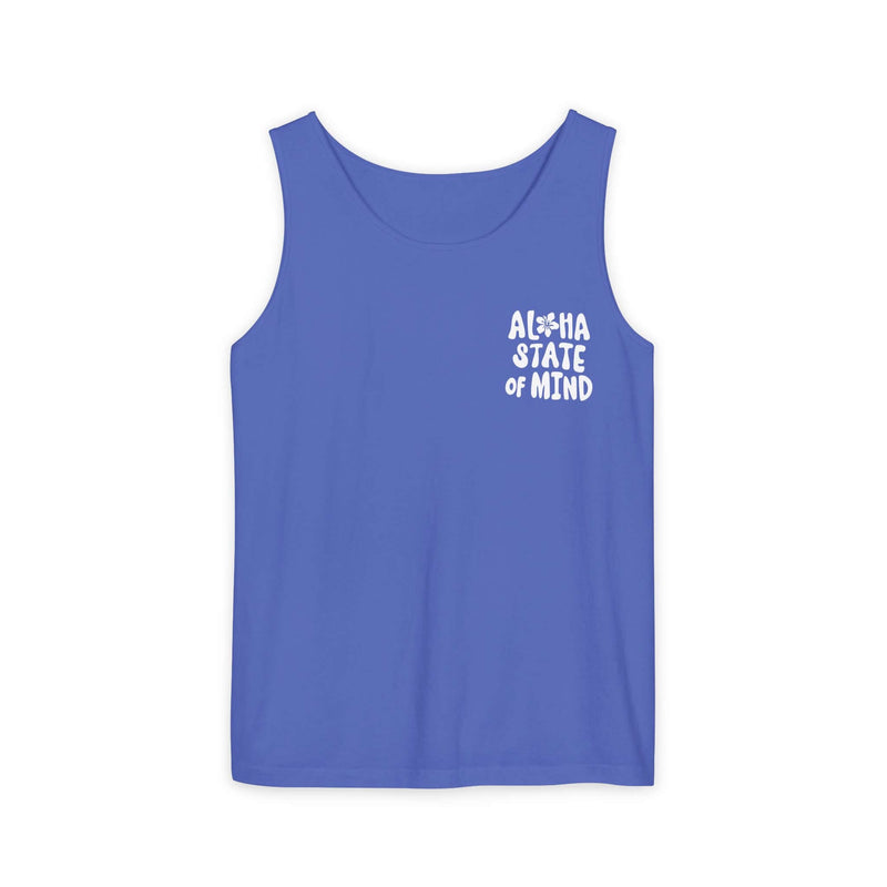 Aloha State of Mind Flo Blue Tank, Relaxed Fit, Comfort Colors 9360, 100% Ringspun Cotton, Medium Fabric, Front View