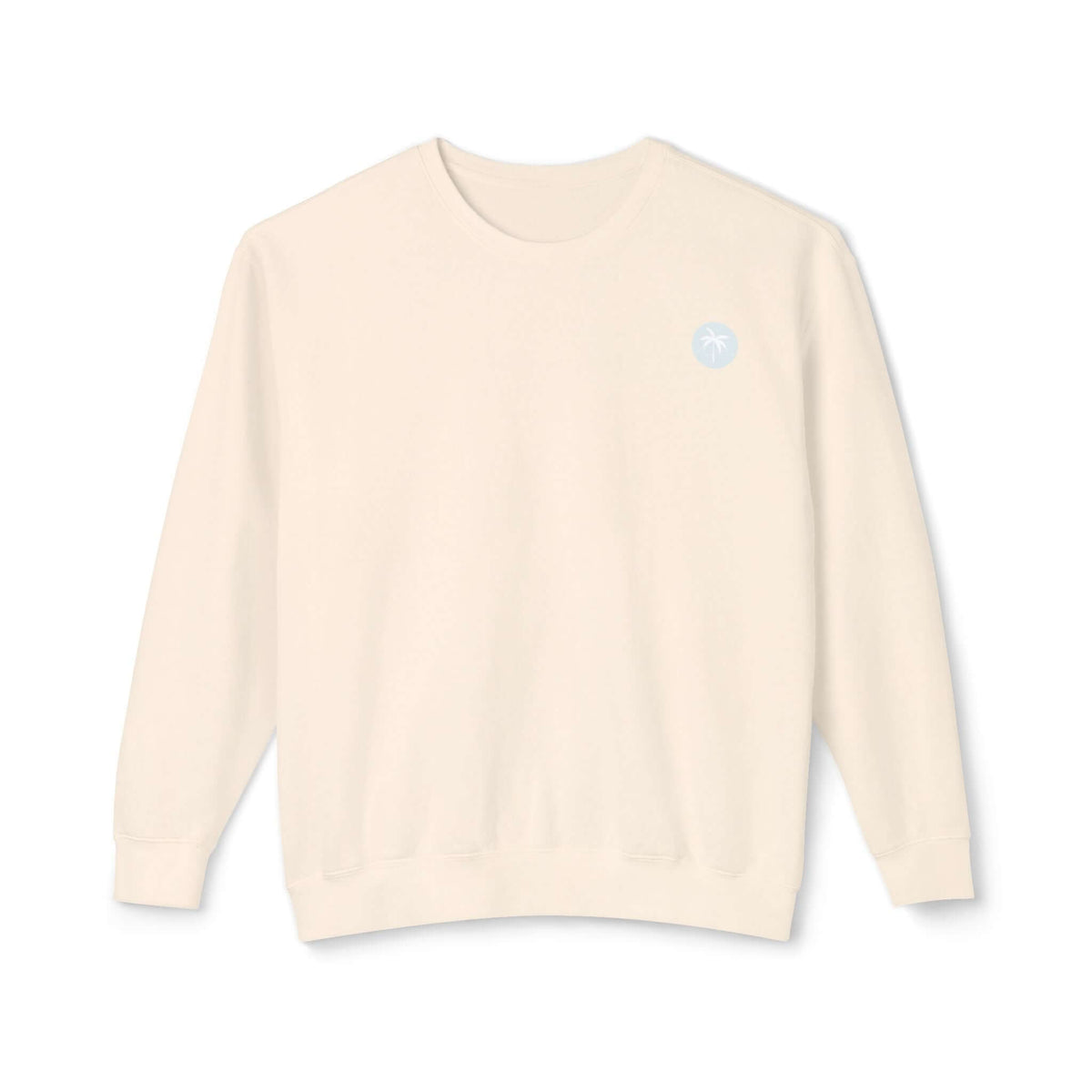 Ivory sweatshirt with Salty Palm emblem, relaxed fit, lightweight garment-dyed fabric, 100% ringspun cotton, beachy charm.