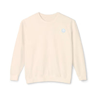 Ivory sweatshirt with Salty Palm emblem, relaxed fit, lightweight garment-dyed fabric, 100% ringspun cotton, beachy charm.