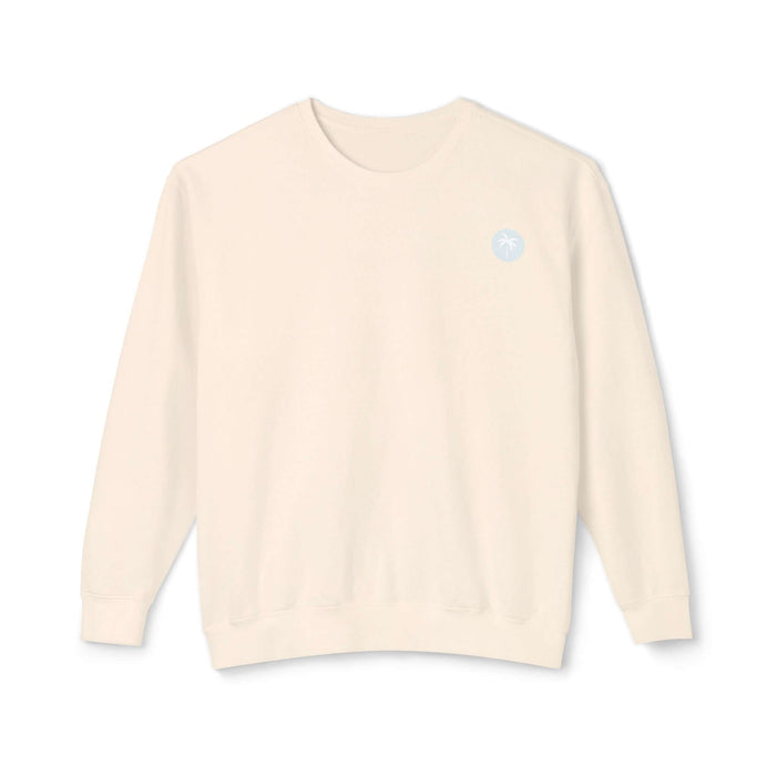 Ivory sweatshirt with Salty Palm emblem, relaxed fit, lightweight garment-dyed fabric, 100% ringspun cotton, beachy charm.