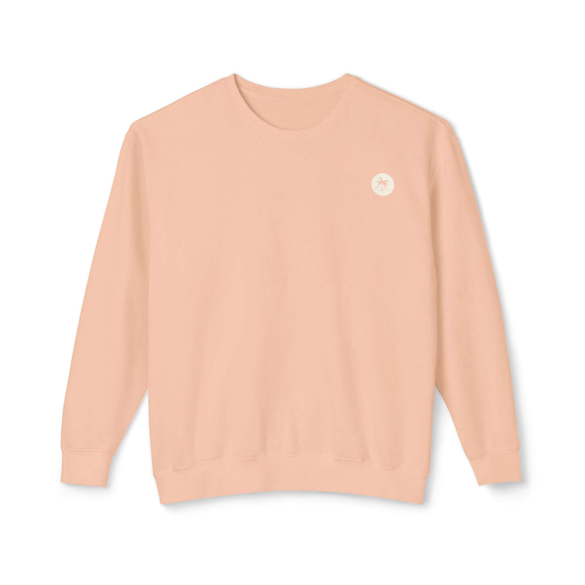 Peachy emblem sweatshirt, relaxed fit, lightweight 100% ringspun cotton with beachy charm from Salty Palm, garment-dyed fabric.