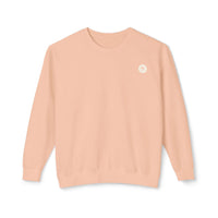 Peachy emblem sweatshirt, relaxed fit, lightweight 100% ringspun cotton with beachy charm from Salty Palm, garment-dyed fabric.