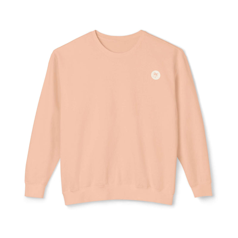 Peachy emblem sweatshirt, relaxed fit, lightweight 100% ringspun cotton with beachy charm from Salty Palm, garment-dyed fabric.