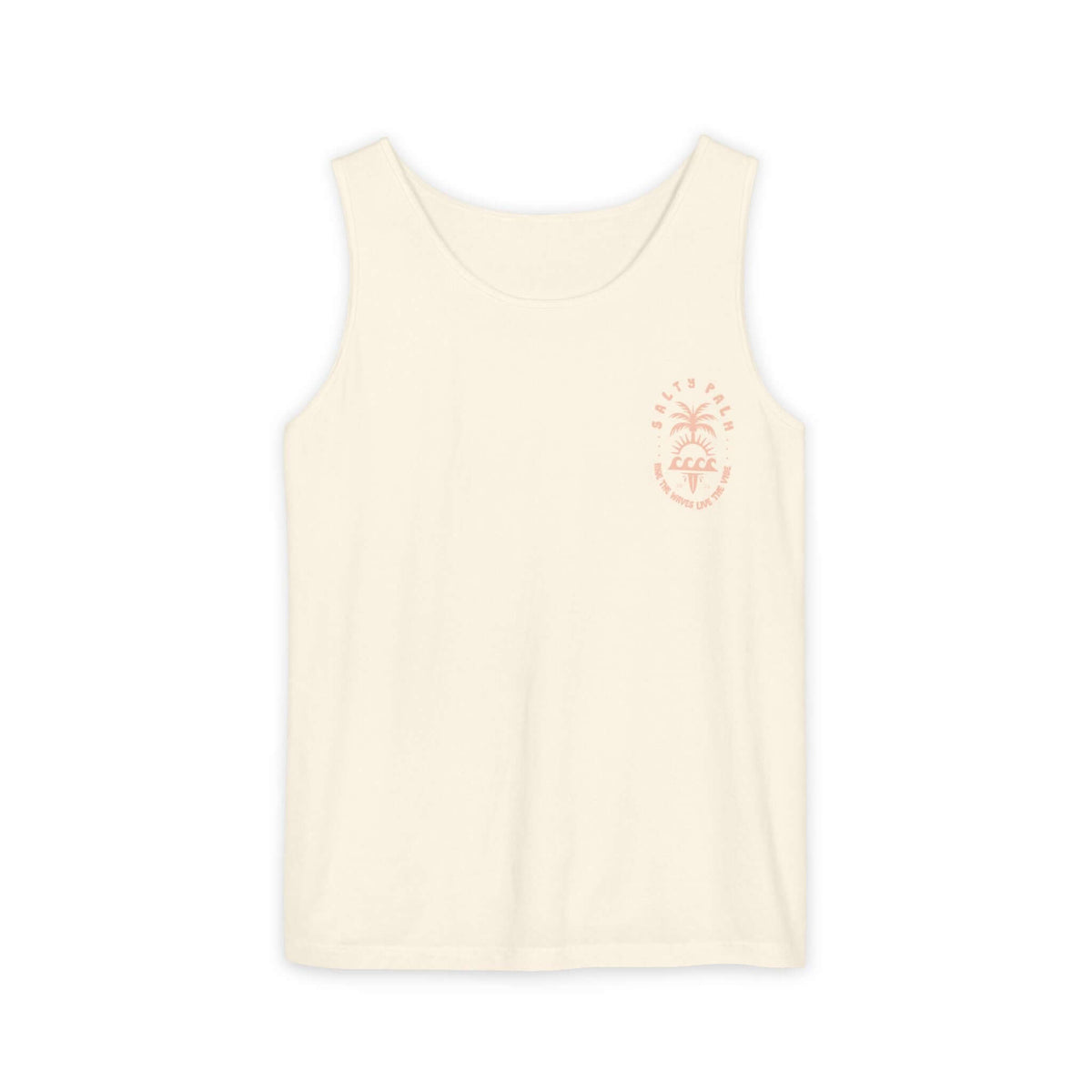 "SP Surf & Vibes ivory tank top featuring palm tree design, made from 100% ringspun US cotton, relaxed fit Comfort Colors 9360"