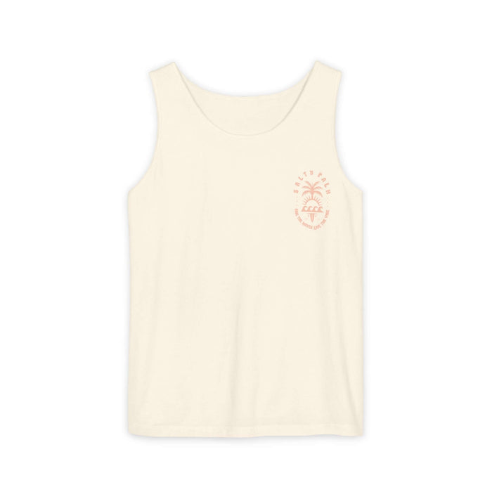 "SP Surf & Vibes ivory tank top featuring palm tree design, made from 100% ringspun US cotton, relaxed fit Comfort Colors 9360"