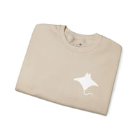 Save the Manta Rays sand sweatshirt folded with white manta ray graphic, crewneck style for casual wear.