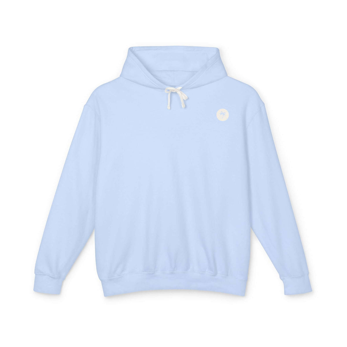 Light blue hoodie with Salty Palm emblem, relaxed fit, 100% ringspun cotton, perfect for cozy lounging, garment-dyed fabric.