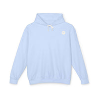 Light blue hoodie with Salty Palm emblem, relaxed fit, 100% ringspun cotton, perfect for cozy lounging, garment-dyed fabric.