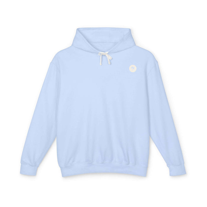 Light blue hoodie with Salty Palm emblem, relaxed fit, 100% ringspun cotton, perfect for cozy lounging, garment-dyed fabric.