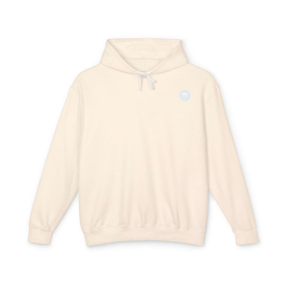 Ivory hoodie with Salty Palm emblem, lightweight and relaxed fit, perfect for lounging.