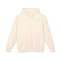 Ivory hoodie with Salty Palm emblem, lightweight and relaxed fit, perfect for lounging.