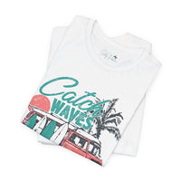 "Catch Waves Not Feelings white graphic tee with surf van and palm design, perfect for surfers and beach lovers"