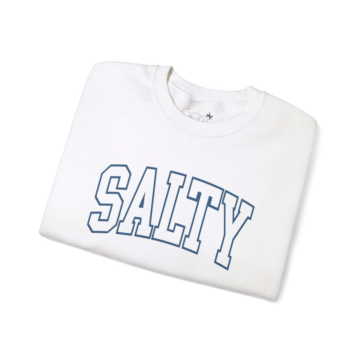 Salty Varsity White Crewneck Sweatshirt with bold typography design, folded neatly, perfect for casual and cozy occasions.