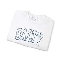 Salty Varsity White Crewneck Sweatshirt with bold typography design, folded neatly, perfect for casual and cozy occasions.