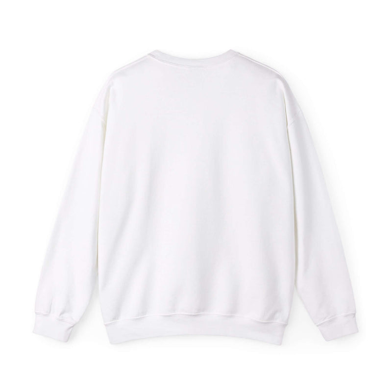 Back view of a Salty Varsity White Crewneck Sweatshirt with long sleeves, made from medium-heavy 50% cotton and 50% polyester fabric.