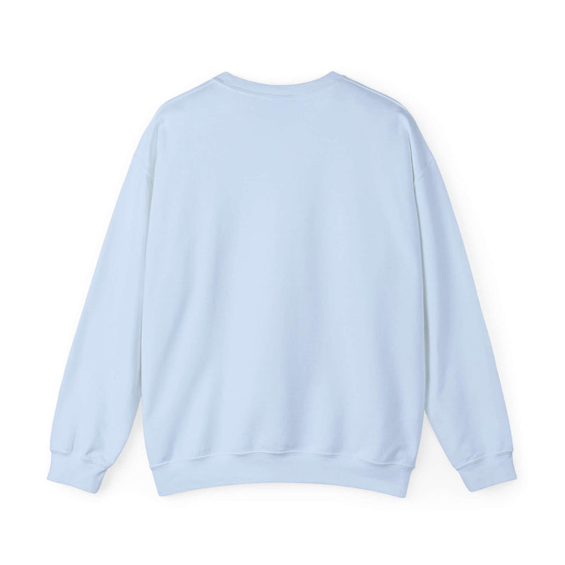 Light blue crewneck sweatshirt back view, promoting ocean conservation, made of 50% cotton and 50% polyester, medium-heavy fabric.