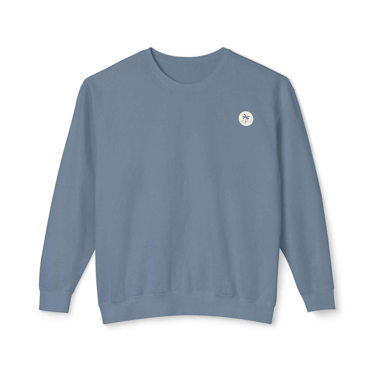 SP Blue Jean Emblem Sweatshirt with Salty Palm, 100% ringspun cotton, relaxed fit, perfect for cozy lounging and beachy vibes.