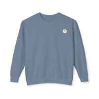 SP Blue Jean Emblem Sweatshirt with Salty Palm, 100% ringspun cotton, relaxed fit, perfect for cozy lounging and beachy vibes.