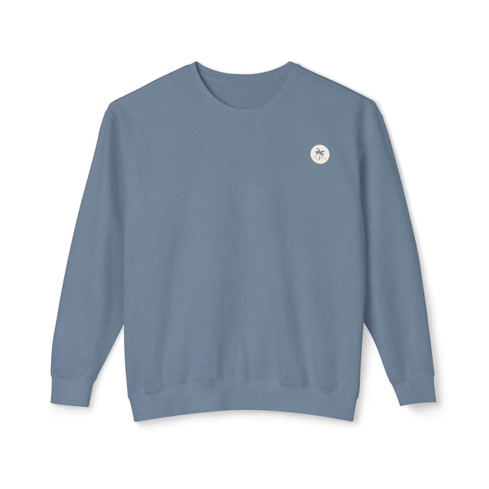 SP Blue Jean Emblem Sweatshirt with Salty Palm, 100% ringspun cotton, relaxed fit, perfect for cozy lounging and beachy vibes.