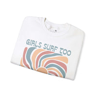 White crewneck sweatshirt with "Girls Surf Too" graphic design, perfect for young surfer girls.