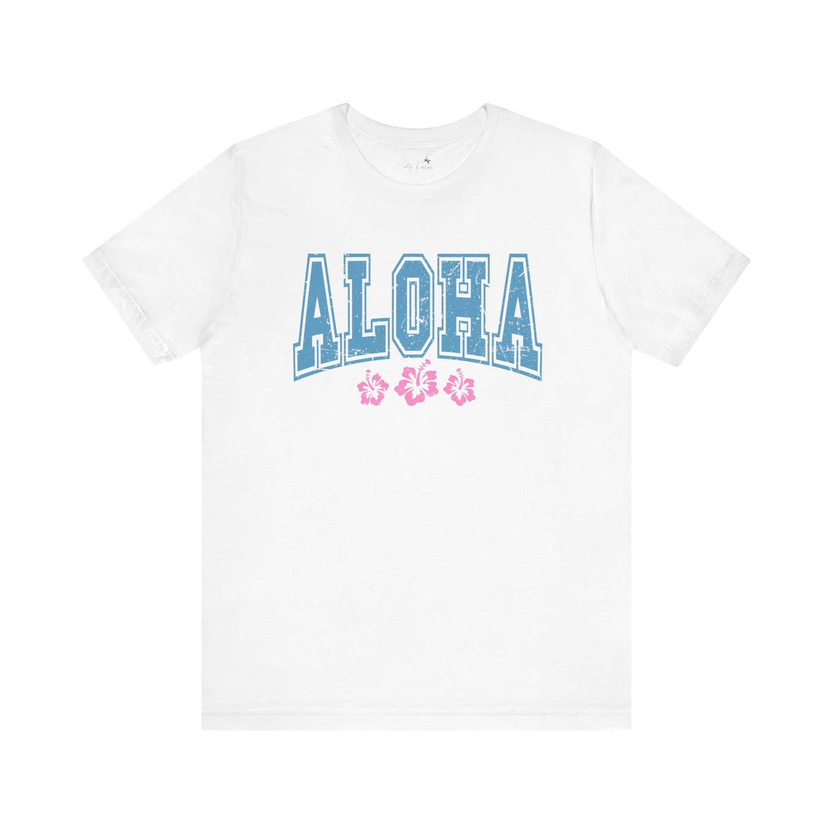 Aloha Hibiscus White Graphic Tee with Hawaiian flower design, 100% cotton, Bella + Canvas 3001, unisex fit for casual island style.