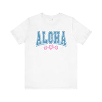 Aloha Hibiscus White Graphic Tee with Hawaiian flower design, 100% cotton, Bella + Canvas 3001, unisex fit for casual island style.