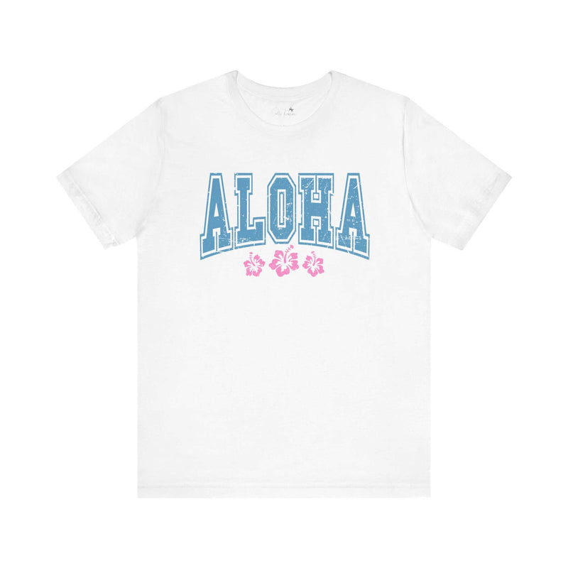 Aloha Hibiscus White Graphic Tee with Hawaiian flower design, 100% cotton, Bella + Canvas 3001, unisex fit for casual island style.