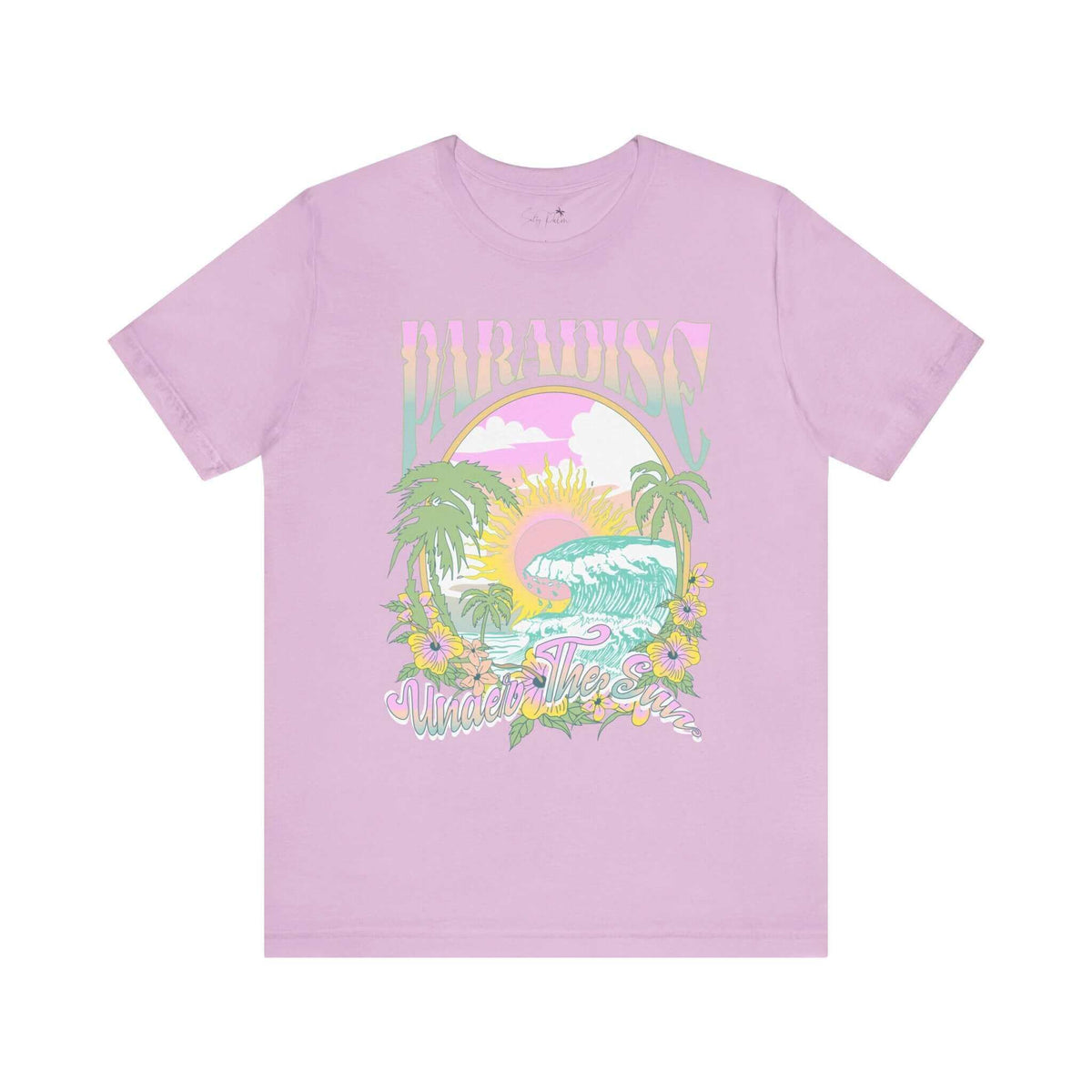 Lilac graphic tee with tropical sunset design, palm trees, and floral accents, perfect for beach lovers. Bella + Canvas 3001.