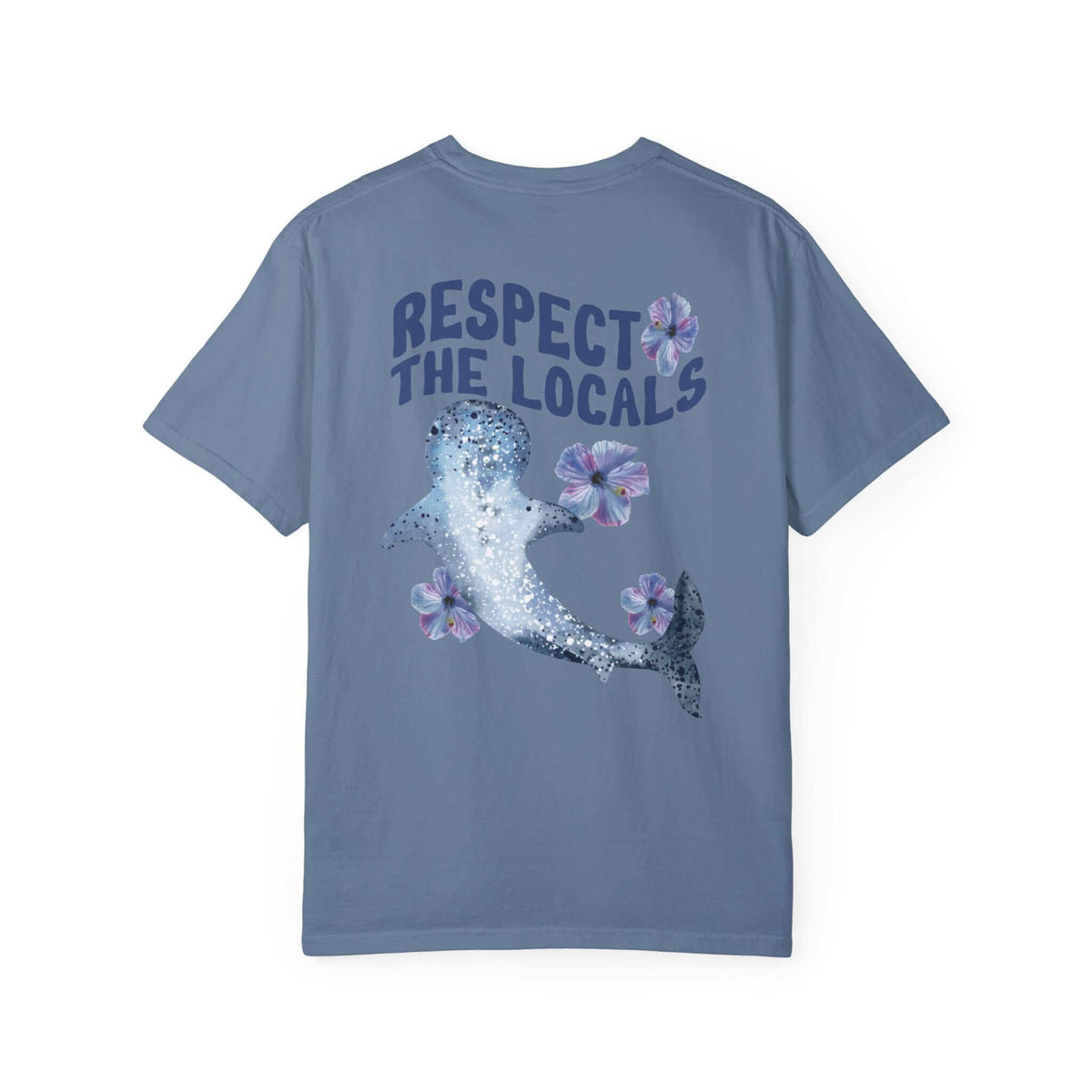 Blue graphic tee featuring a whale shark design with "Respect the Locals" text, highlighting ocean conservation.