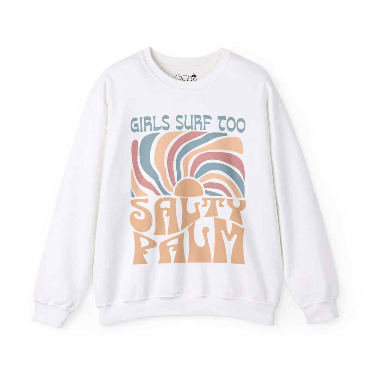 Girls Surf Too white crewneck sweatshirt with Salty Palm graphic for young surfers.