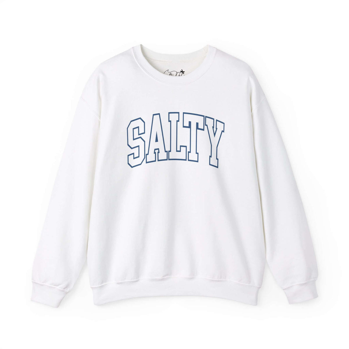 Salty Varsity White Crewneck Sweatshirt with bold varsity typography, perfect for casual beach days.