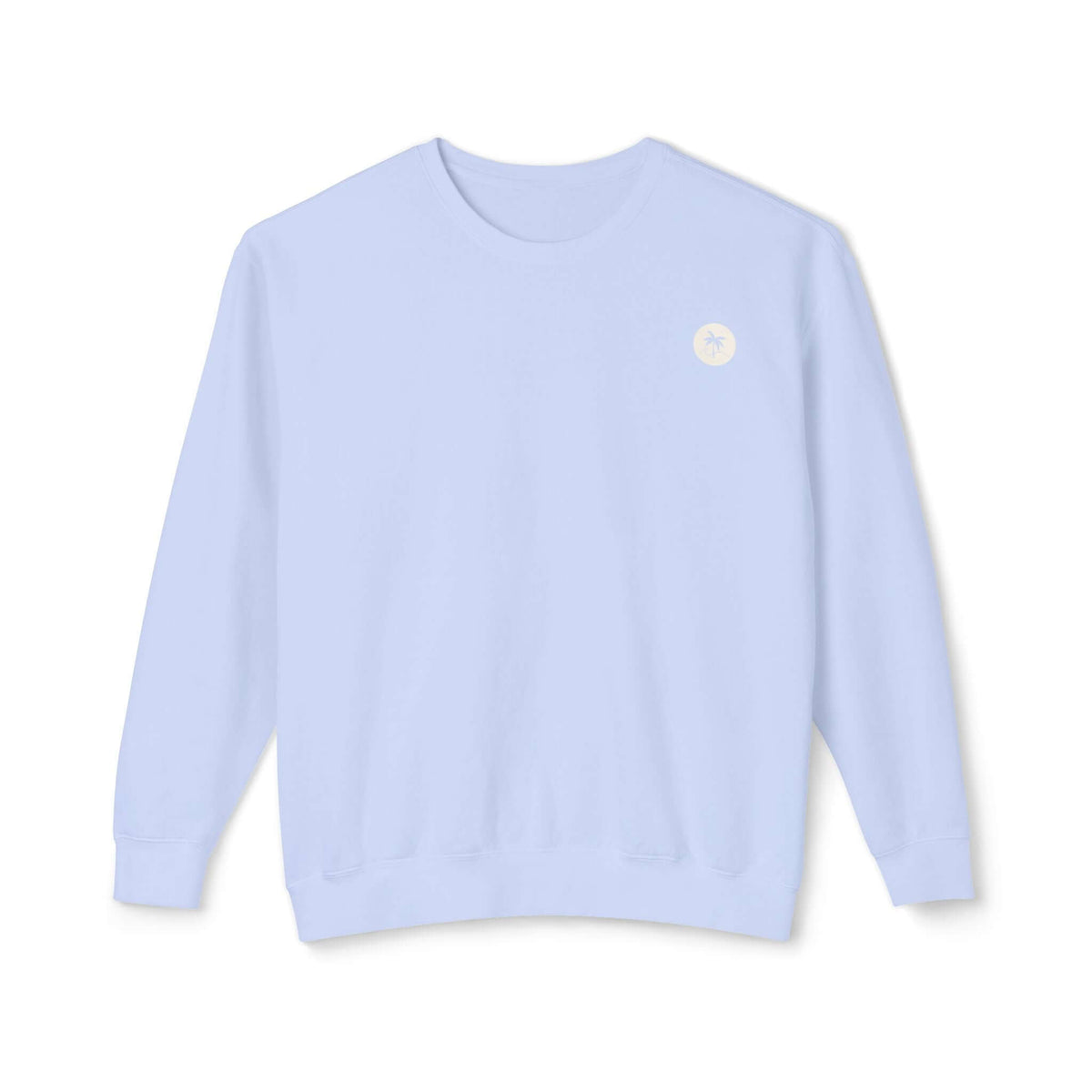 Light blue Salty Palm emblem sweatshirt, 100% ringspun cotton, relaxed fit, perfect for lounging or cozy nights in.