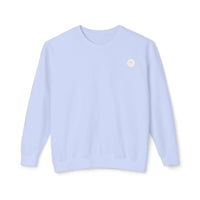 Light blue Salty Palm emblem sweatshirt, 100% ringspun cotton, relaxed fit, perfect for lounging or cozy nights in.