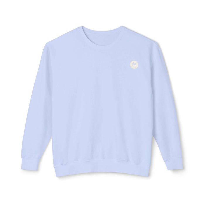 Light blue Salty Palm emblem sweatshirt, 100% ringspun cotton, relaxed fit, perfect for lounging or cozy nights in.