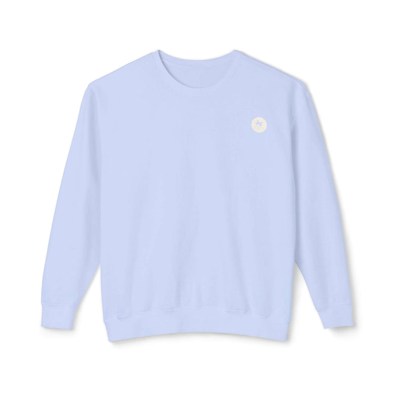 Light blue Salty Palm emblem sweatshirt, 100% ringspun cotton, relaxed fit, perfect for lounging or cozy nights in.