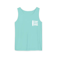 Chalky mint tank top with "Surf Babe" logo, perfect for beachwear, made from breathable ringspun cotton for a relaxed fit.