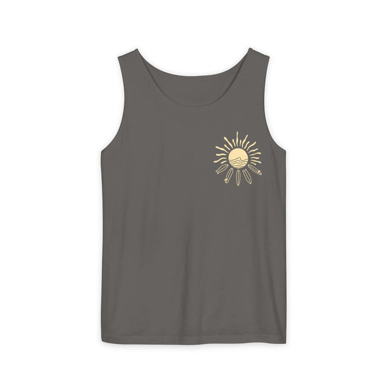 Gray tank top with sunburst design, 100% ringspun cotton, relaxed fit, Comfort Colors 9360, perfect for casual wear.