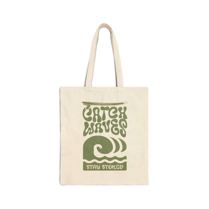 "Catch Waves Stay Stoked canvas tote bag with stylish wave design, perfect for beach trips and casual outings, 100% organic cotton"