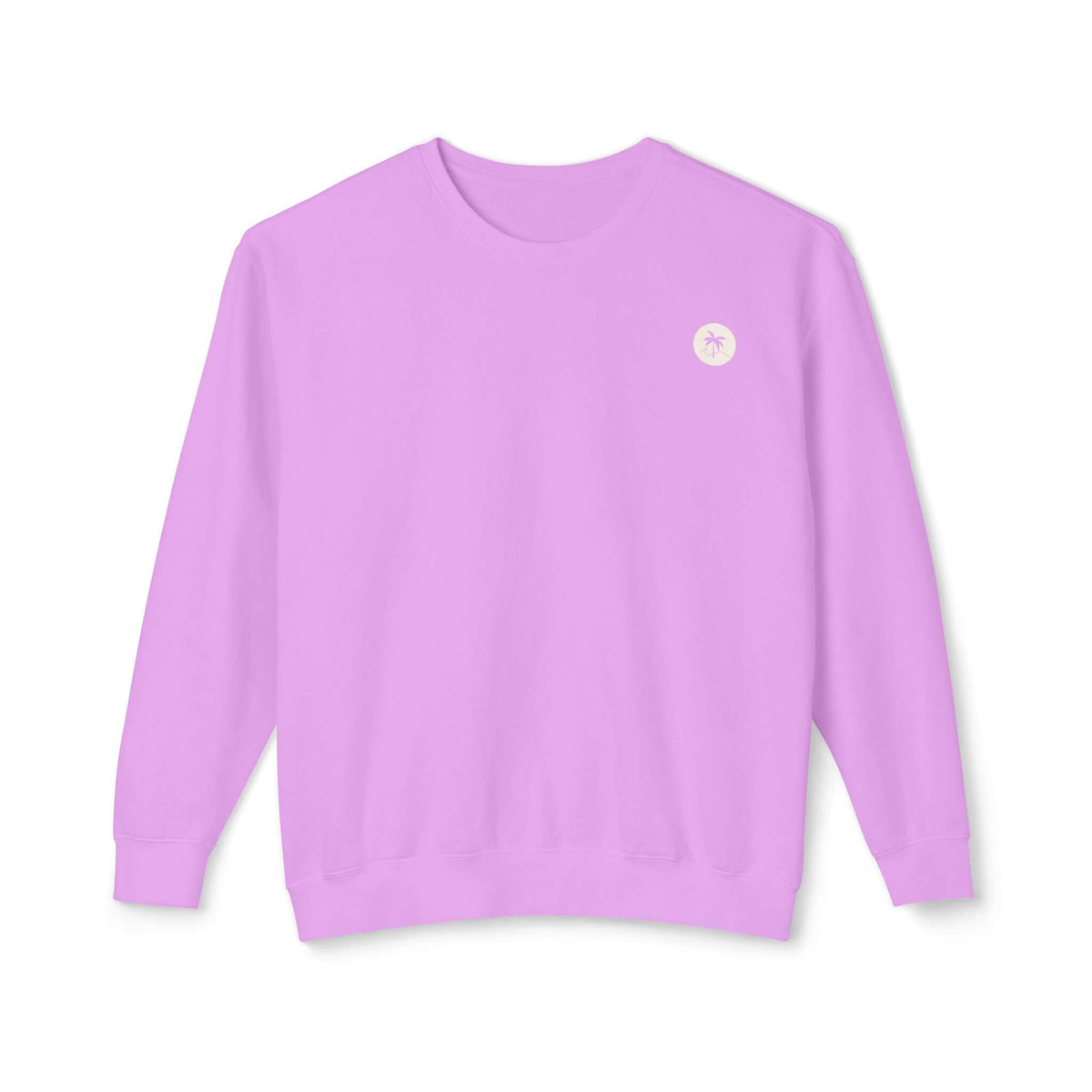 Neon violet sweatshirt with Salty Palm emblem, 100% ringspun cotton, lightweight, relaxed fit, perfect for lounging and cozy nights.