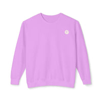 Neon violet sweatshirt with Salty Palm emblem, 100% ringspun cotton, lightweight, relaxed fit, perfect for lounging and cozy nights.