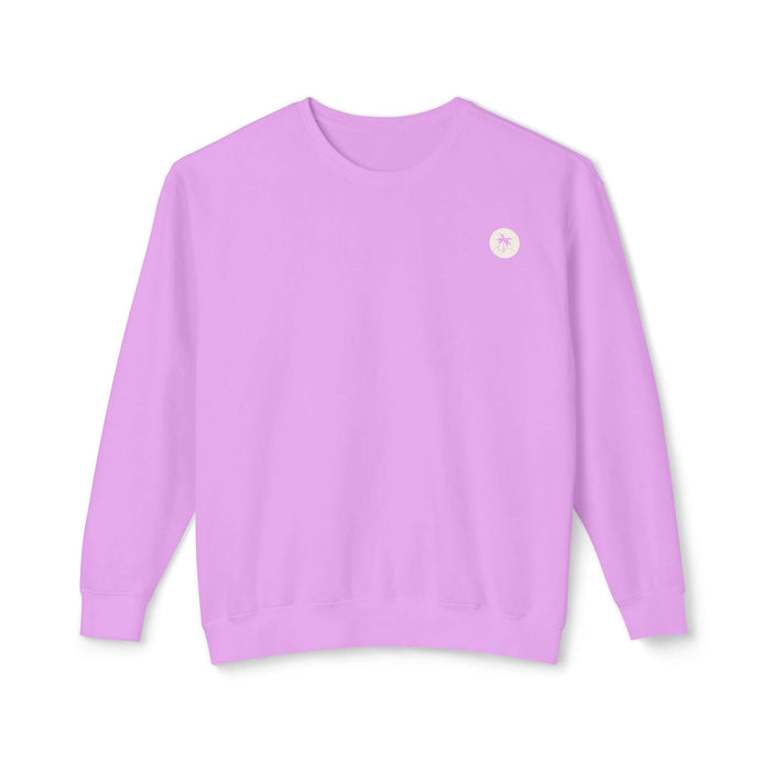 Neon violet sweatshirt with Salty Palm emblem, 100% ringspun cotton, lightweight, relaxed fit, perfect for lounging and cozy nights.