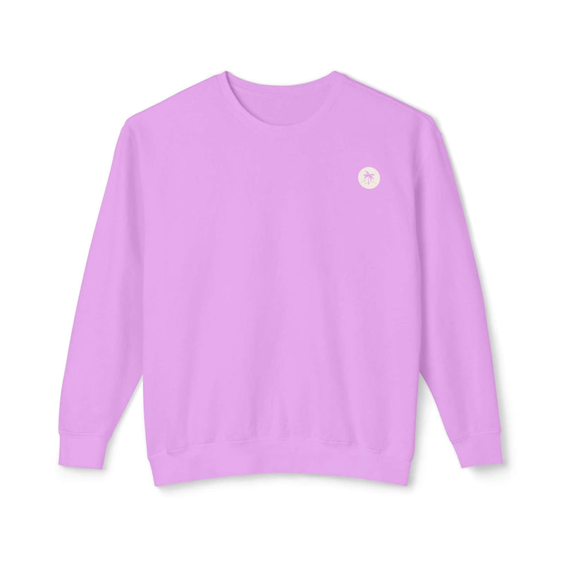 Neon violet sweatshirt with Salty Palm emblem, 100% ringspun cotton, lightweight, relaxed fit, perfect for lounging and cozy nights.