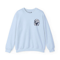 Light blue crewneck sweatshirt with ocean conservation graphic, made of medium-heavy fabric, 50% cotton and 50% polyester.