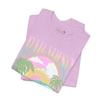 Lilac graphic tee with tropical paradise design, featuring palm trees and a sunset on soft organic cotton fabric.