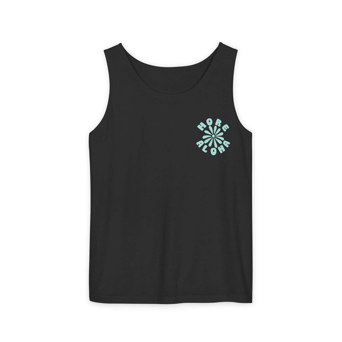 Black More Aloha tank top with front graphic, garment-dyed comfort cotton, relaxed fit, perfect for a casual look.